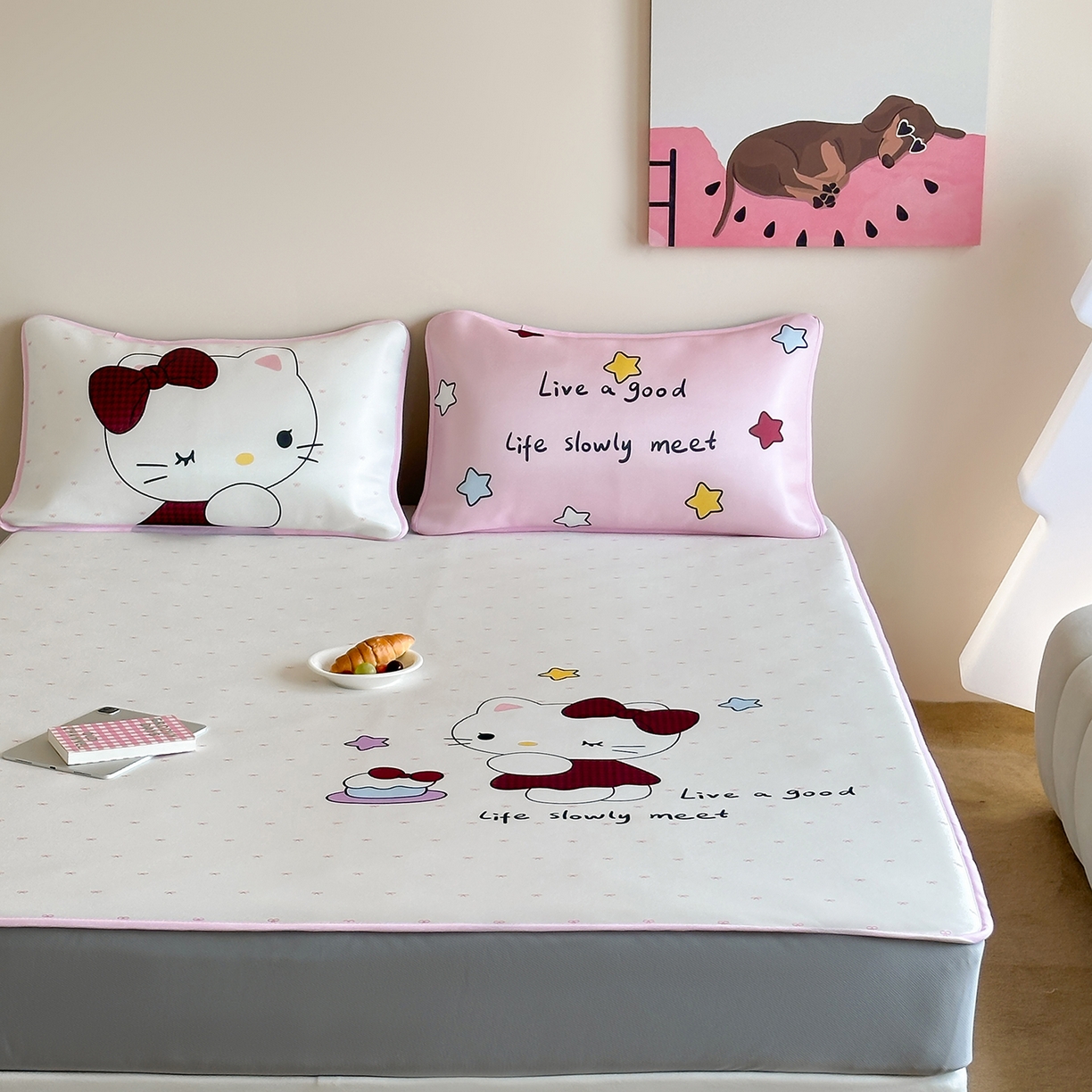 91家纺网 家纺一手货源 找家纺 桃喜 2026新款数码印花冰纤维牛奶丝凉席 甜心猫咪