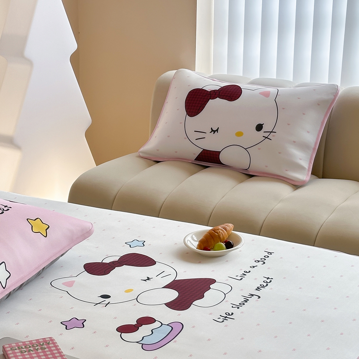 91家纺网 家纺一手货源 找家纺 桃喜 2026新款数码印花冰纤维牛奶丝凉席 甜心猫咪