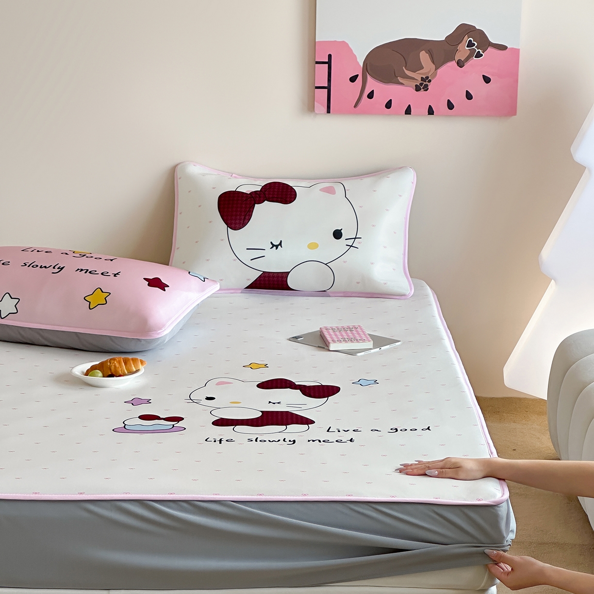 91家纺网 家纺一手货源 找家纺 桃喜 2026新款数码印花冰纤维牛奶丝凉席 甜心猫咪