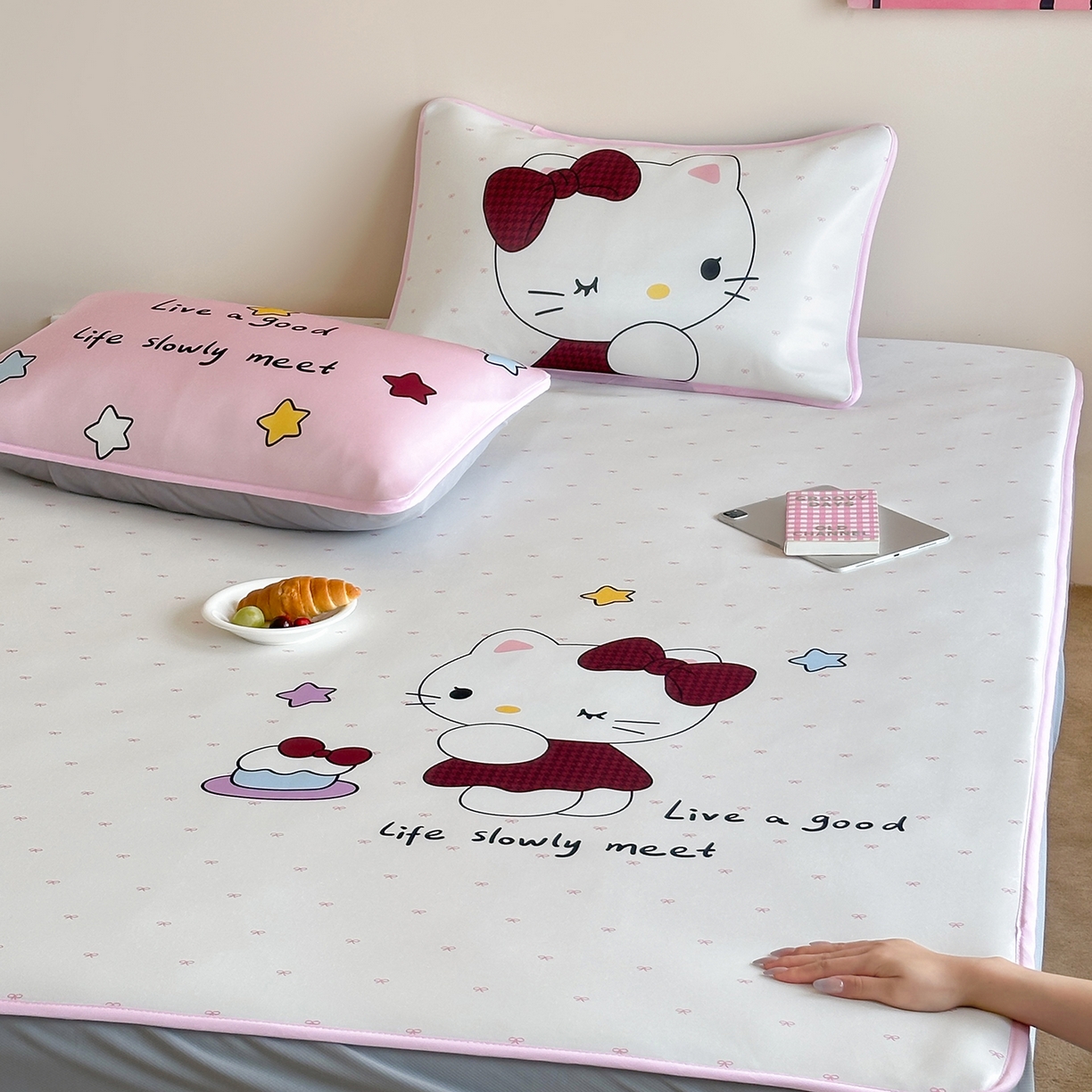 91家纺网 家纺一手货源 找家纺 桃喜 2026新款数码印花冰纤维牛奶丝凉席 甜心猫咪