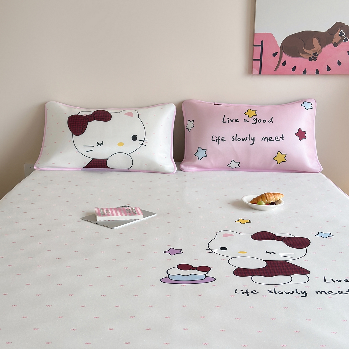 91家纺网 家纺一手货源 找家纺 桃喜 2026新款数码印花冰纤维牛奶丝凉席 甜心猫咪