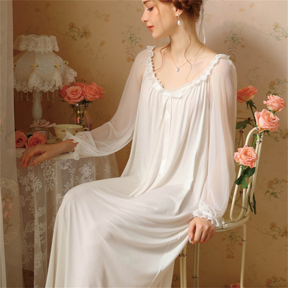 91家纺网 家纺一手货源 找家纺 （总）洛兰沙家居馆 2026新款宫廷公主风睡裙春秋长袖法式蕾丝家居高级感性感睡衣甜美少女长裙