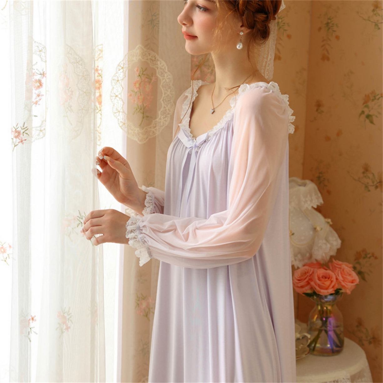 91家纺网 家纺一手货源 找家纺 （总）洛兰沙家居馆 2026新款宫廷公主风睡裙春秋长袖法式蕾丝家居高级感性感睡衣甜美少女长裙