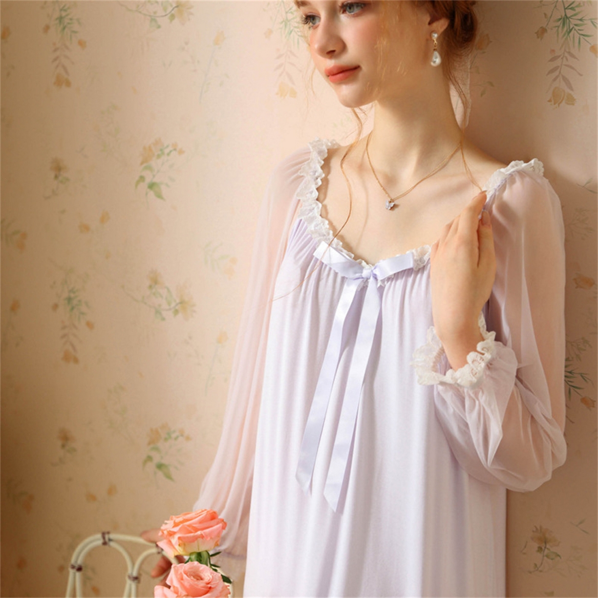 91家纺网 家纺一手货源 找家纺 （总）洛兰沙家居馆 2026新款宫廷公主风睡裙春秋长袖法式蕾丝家居高级感性感睡衣甜美少女长裙