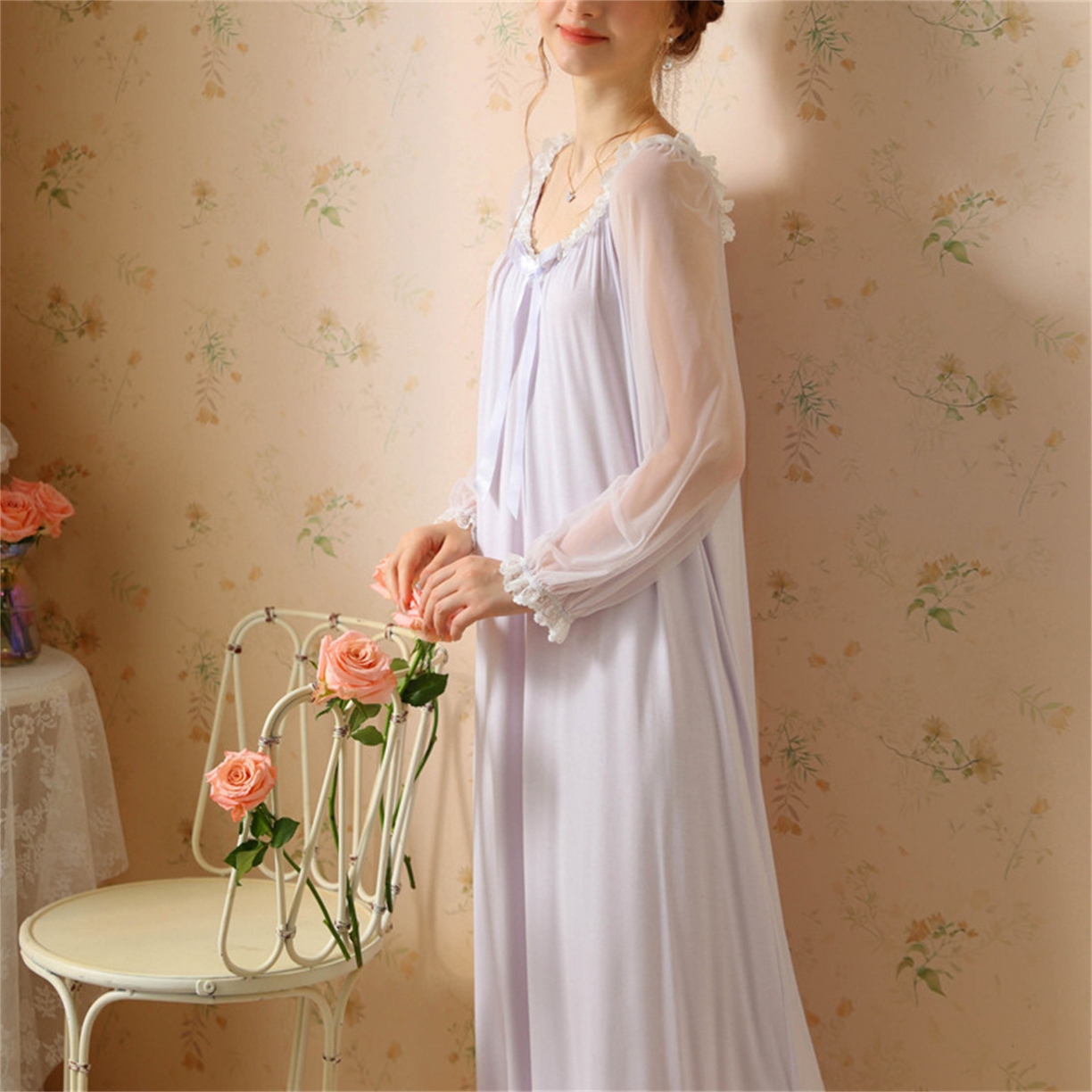 91家纺网 家纺一手货源 找家纺 （总）洛兰沙家居馆 2026新款宫廷公主风睡裙春秋长袖法式蕾丝家居高级感性感睡衣甜美少女长裙