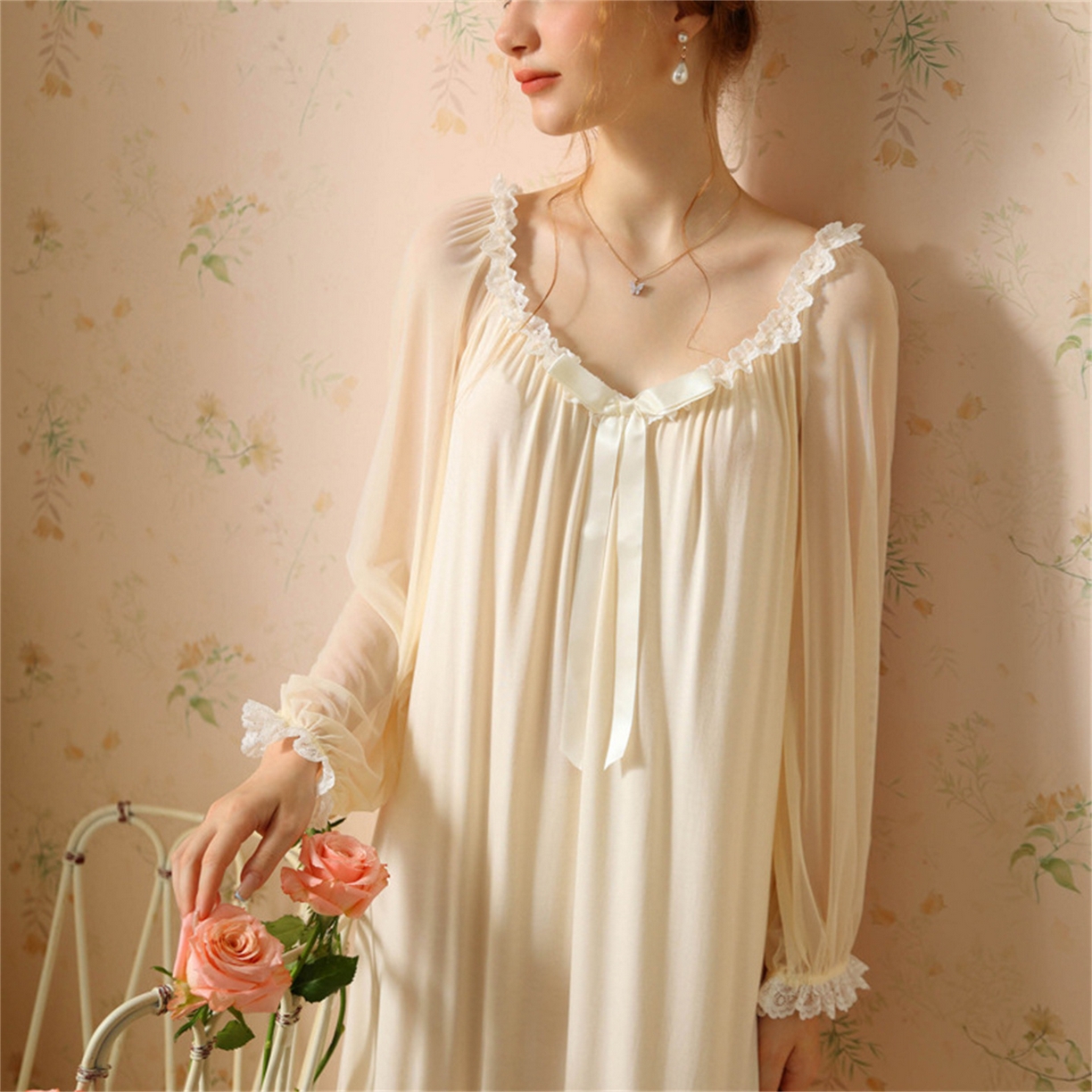 91家纺网 家纺一手货源 找家纺 洛兰沙家居馆 2026新款宫廷公主风睡裙春秋长袖法式蕾丝家居高级感性感睡衣甜美少女长裙 花色3