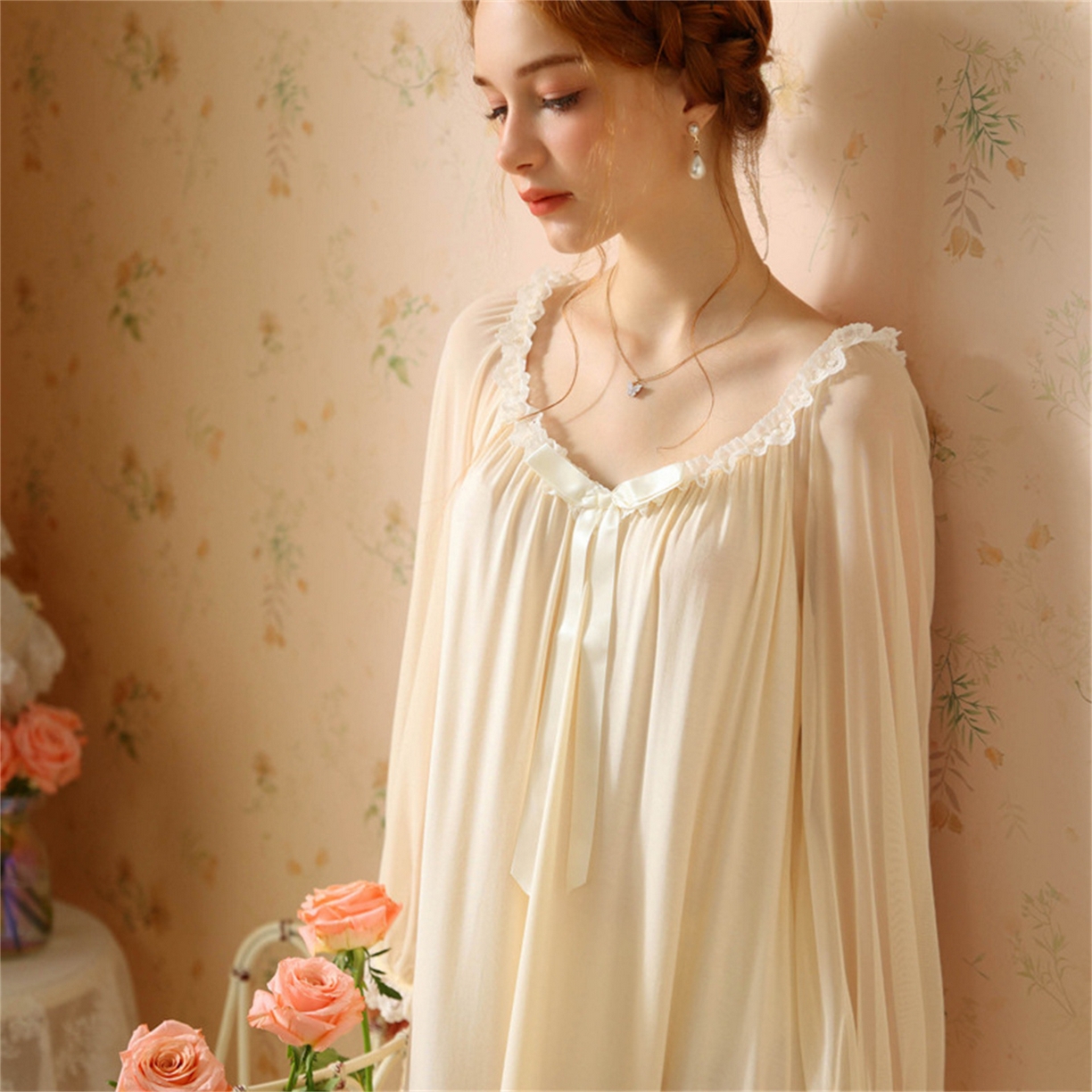 91家纺网 家纺一手货源 找家纺 洛兰沙家居馆 2026新款宫廷公主风睡裙春秋长袖法式蕾丝家居高级感性感睡衣甜美少女长裙 花色3