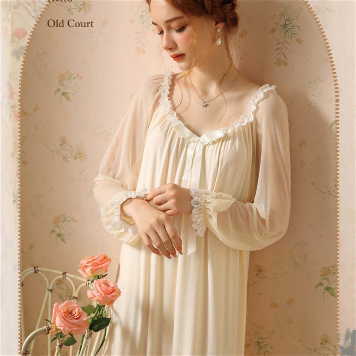 91家纺网 家纺一手货源 找家纺 洛兰沙家居馆 2026新款宫廷公主风睡裙春秋长袖法式蕾丝家居高级感性感睡衣甜美少女长裙 花色3