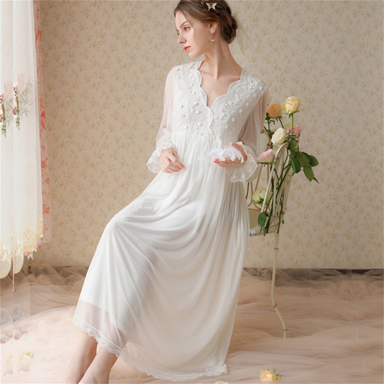 91家纺网 家纺一手货源 找家纺 （总）洛兰沙家居馆 2026新款睡衣宫廷风少女甜美公主法式长裙春秋蕾丝跨境家居服长款睡裙