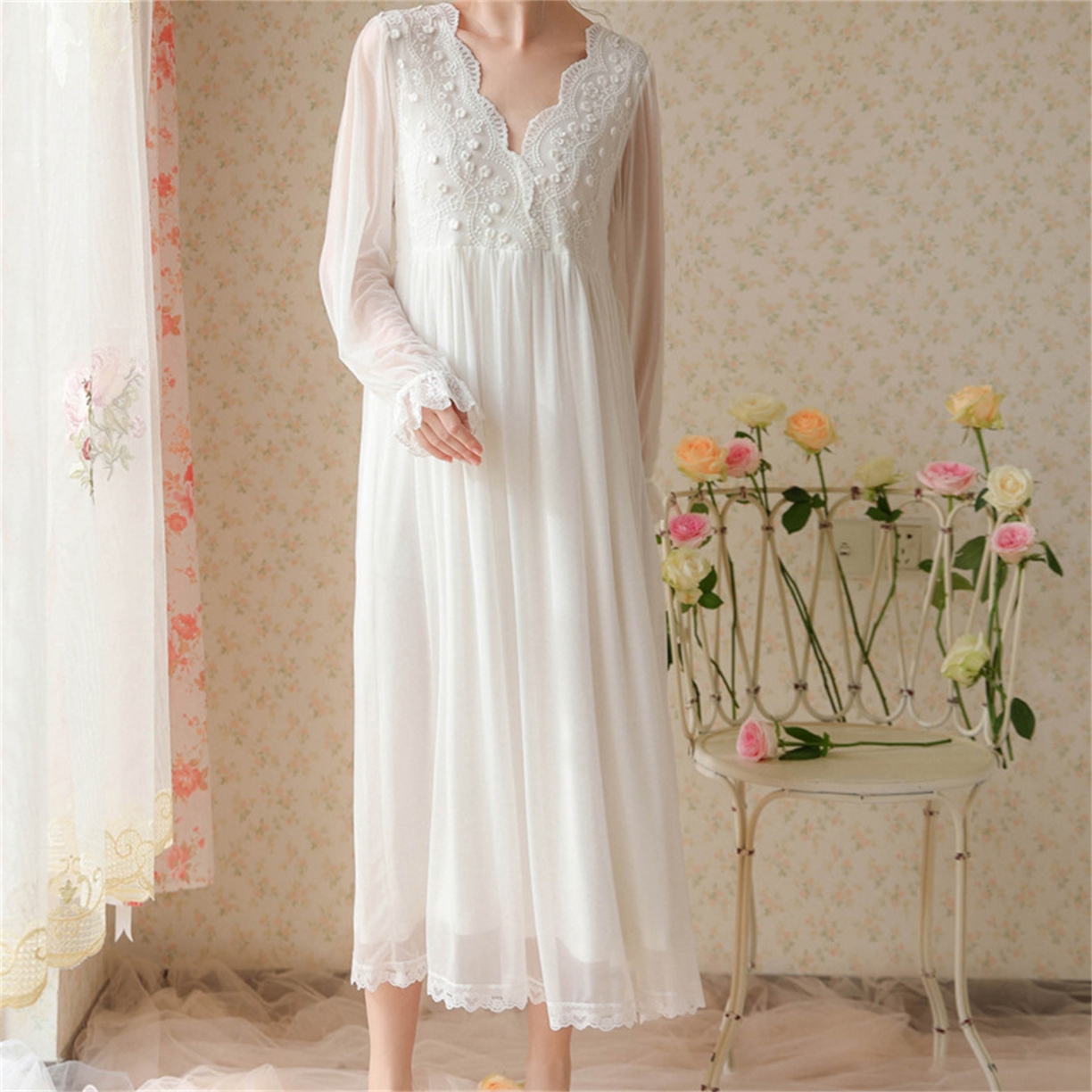 91家纺网 家纺一手货源 找家纺 （总）洛兰沙家居馆 2026新款睡衣宫廷风少女甜美公主法式长裙春秋蕾丝跨境家居服长款睡裙