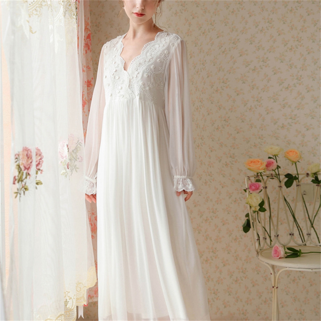 91家纺网 家纺一手货源 找家纺 （总）洛兰沙家居馆 2026新款睡衣宫廷风少女甜美公主法式长裙春秋蕾丝跨境家居服长款睡裙