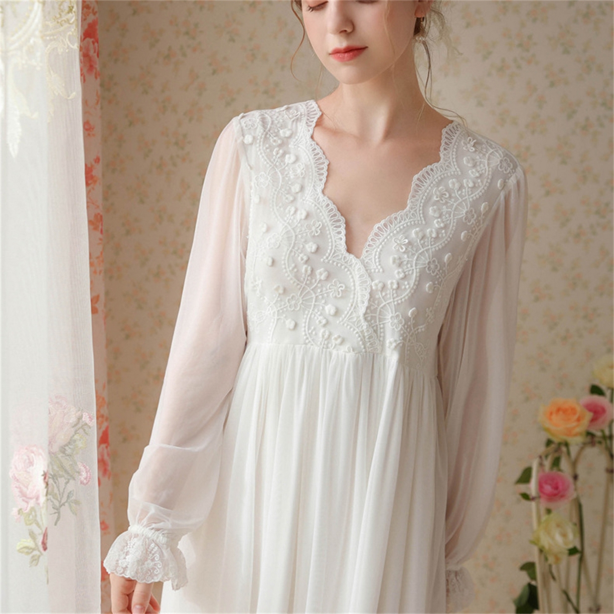 91家纺网 家纺一手货源 找家纺 （总）洛兰沙家居馆 2026新款睡衣宫廷风少女甜美公主法式长裙春秋蕾丝跨境家居服长款睡裙