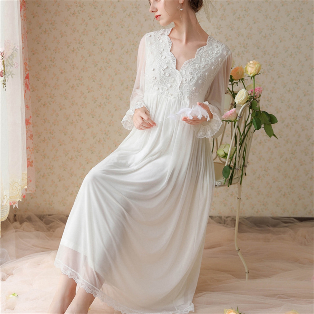 91家纺网 家纺一手货源 找家纺 （总）洛兰沙家居馆 2026新款睡衣宫廷风少女甜美公主法式长裙春秋蕾丝跨境家居服长款睡裙