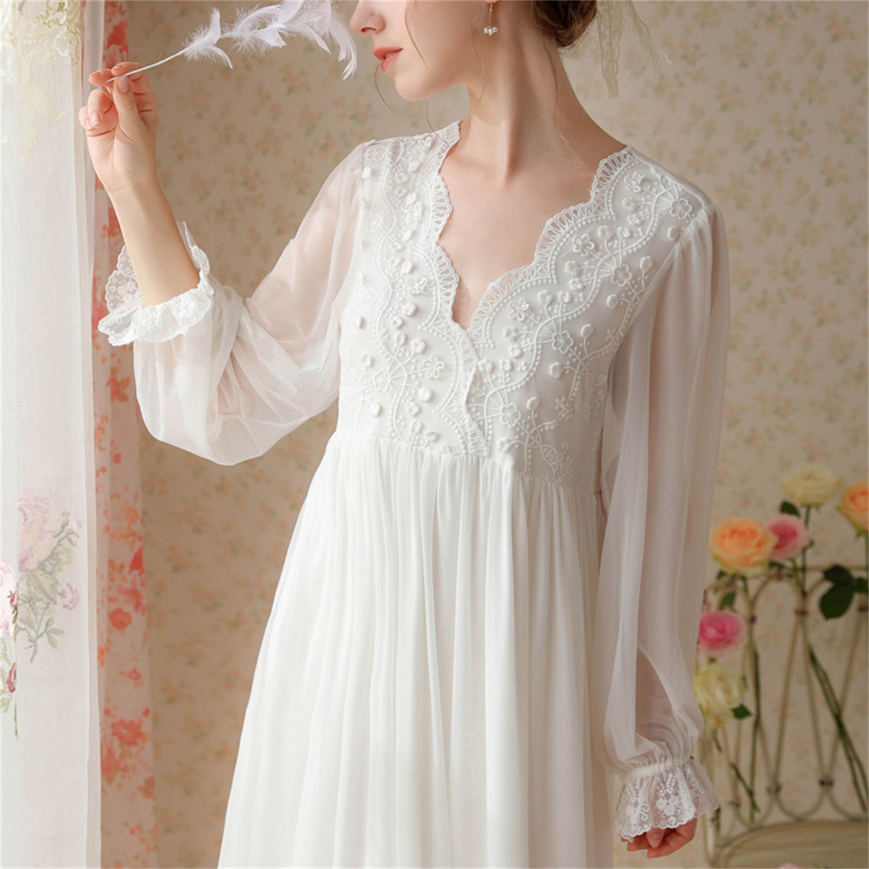 91家纺网 家纺一手货源 找家纺 （总）洛兰沙家居馆 2026新款睡衣宫廷风少女甜美公主法式长裙春秋蕾丝跨境家居服长款睡裙