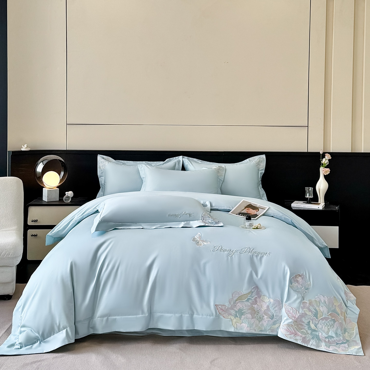 91家纺网 家纺一手货源 找家纺 卡初家居（原微来） 2026新款A类母婴级亲肤棉绣花四件套-锦上添花 锦上添花-天空蓝