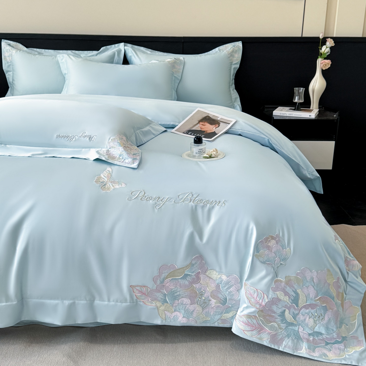 91家纺网 家纺一手货源 找家纺 卡初家居（原微来） 2026新款A类母婴级亲肤棉绣花四件套-锦上添花 锦上添花-天空蓝