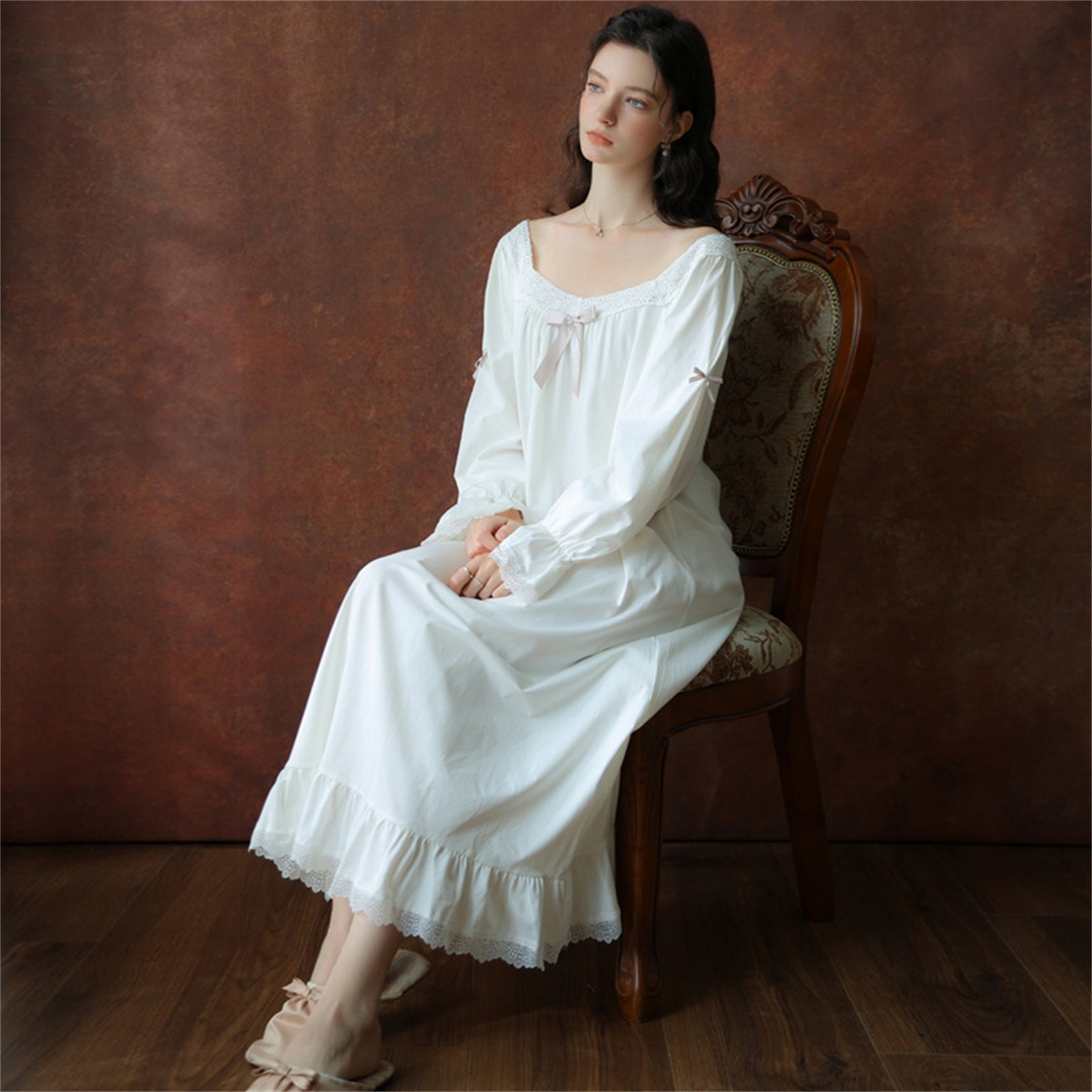 91家纺网 家纺一手货源 找家纺 洛兰沙家居馆 2026新款睡裙春秋季新款长袖长裙批发跨境甜美宫廷公主法式少女宽松睡衣 花色2