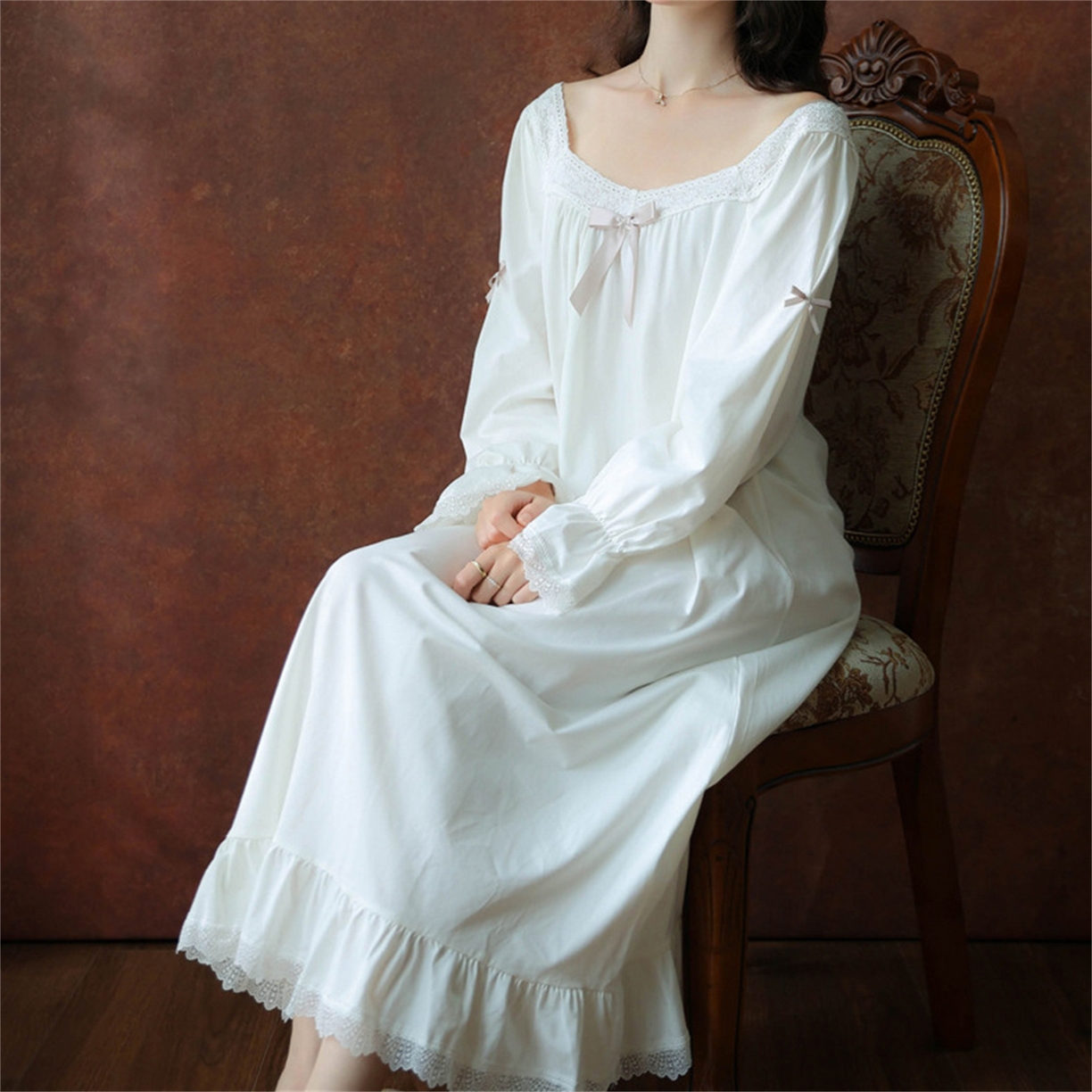 洛兰沙家居馆 2026新款睡裙春秋季新款长袖长裙批发跨境甜美宫廷公主法式少女宽松睡衣 花色2