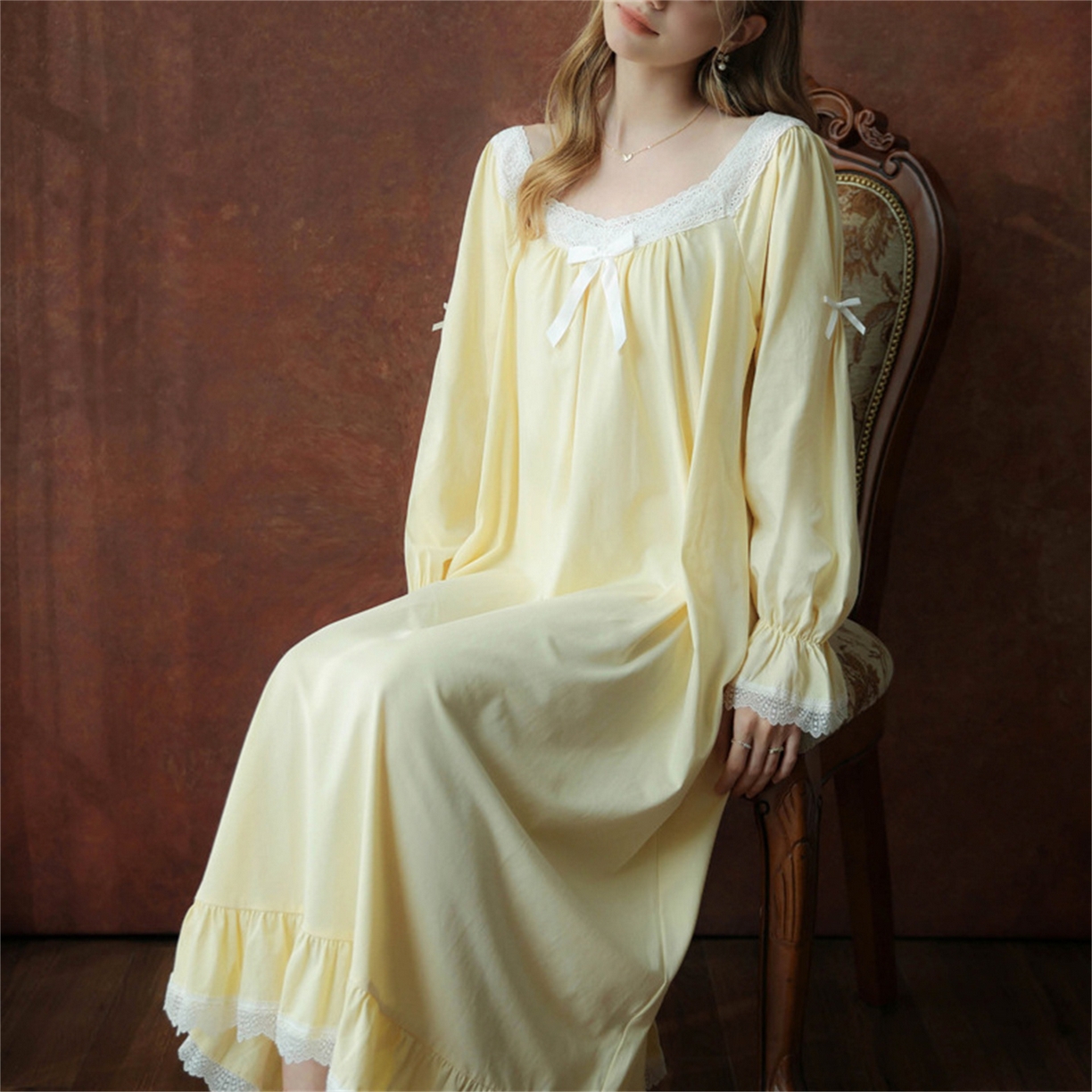 洛兰沙家居馆 2026新款睡裙春秋季新款长袖长裙批发跨境甜美宫廷公主法式少女宽松睡衣 花色3