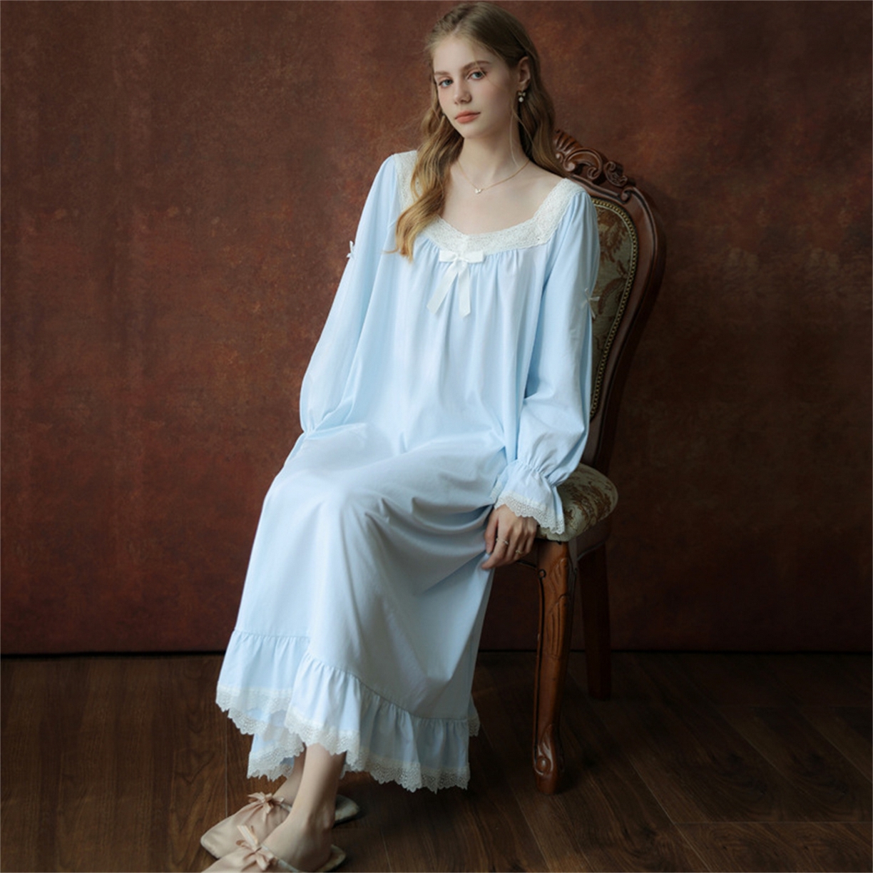 91家纺网 家纺一手货源 找家纺 洛兰沙家居馆 2026新款睡裙春秋季新款长袖长裙批发跨境甜美宫廷公主法式少女宽松睡衣 花色4