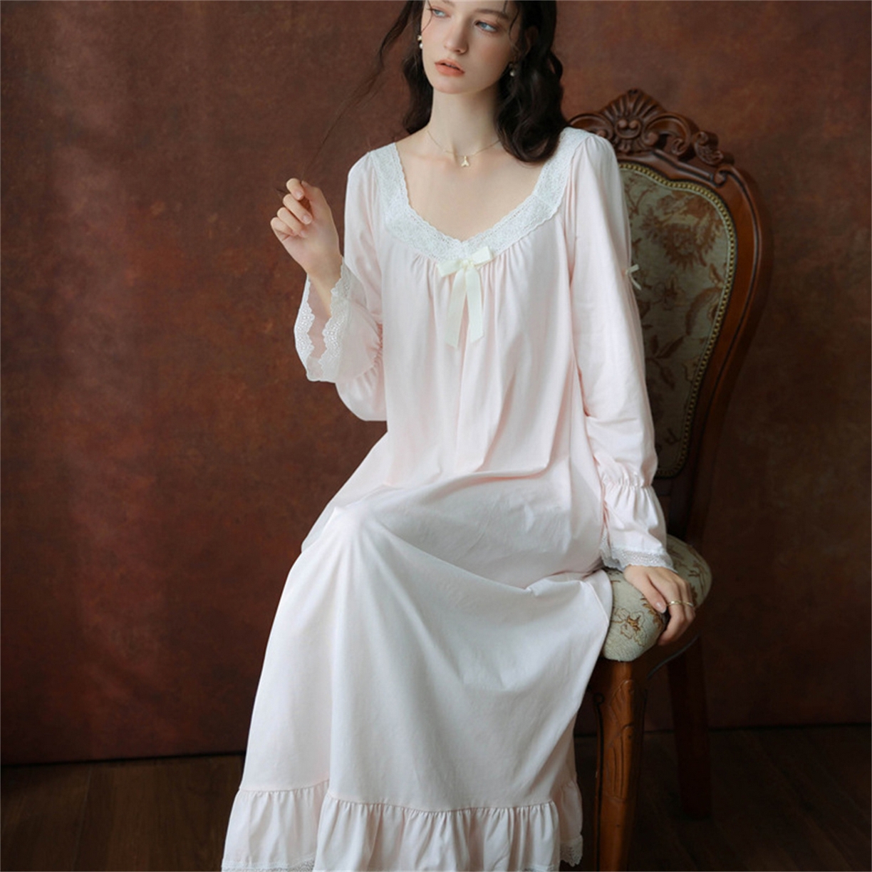 洛兰沙家居馆 2026新款睡裙春秋季新款长袖长裙批发跨境甜美宫廷公主法式少女宽松睡衣 花色5