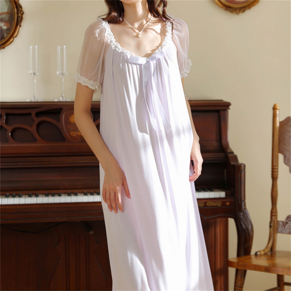 91家纺网 家纺一手货源 找家纺 （总）洛兰沙家居馆 2026新款睡裙少女短袖法式复古公主风睡衣裙夏天新款长款柔美蕾丝宽松长裙