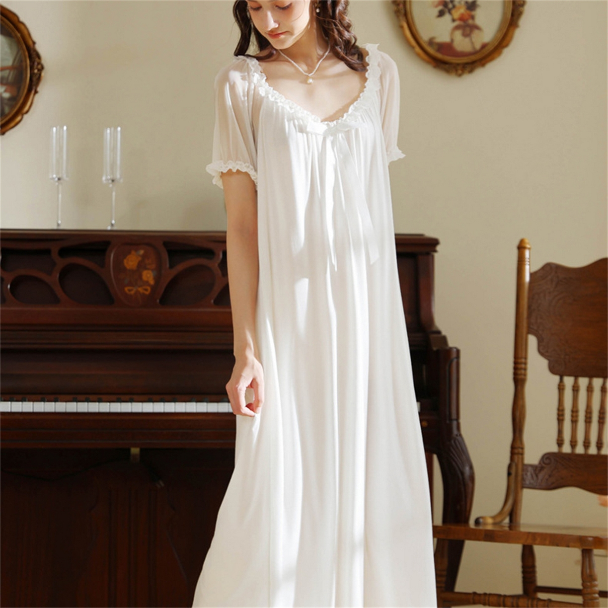 91家纺网 家纺一手货源 找家纺 （总）洛兰沙家居馆 2026新款睡裙少女短袖法式复古公主风睡衣裙夏天新款长款柔美蕾丝宽松长裙