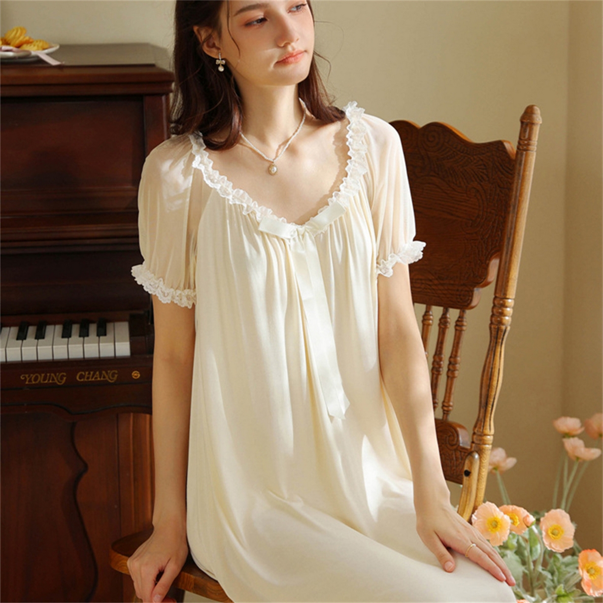 91家纺网 家纺一手货源 找家纺 （总）洛兰沙家居馆 2026新款睡裙少女短袖法式复古公主风睡衣裙夏天新款长款柔美蕾丝宽松长裙