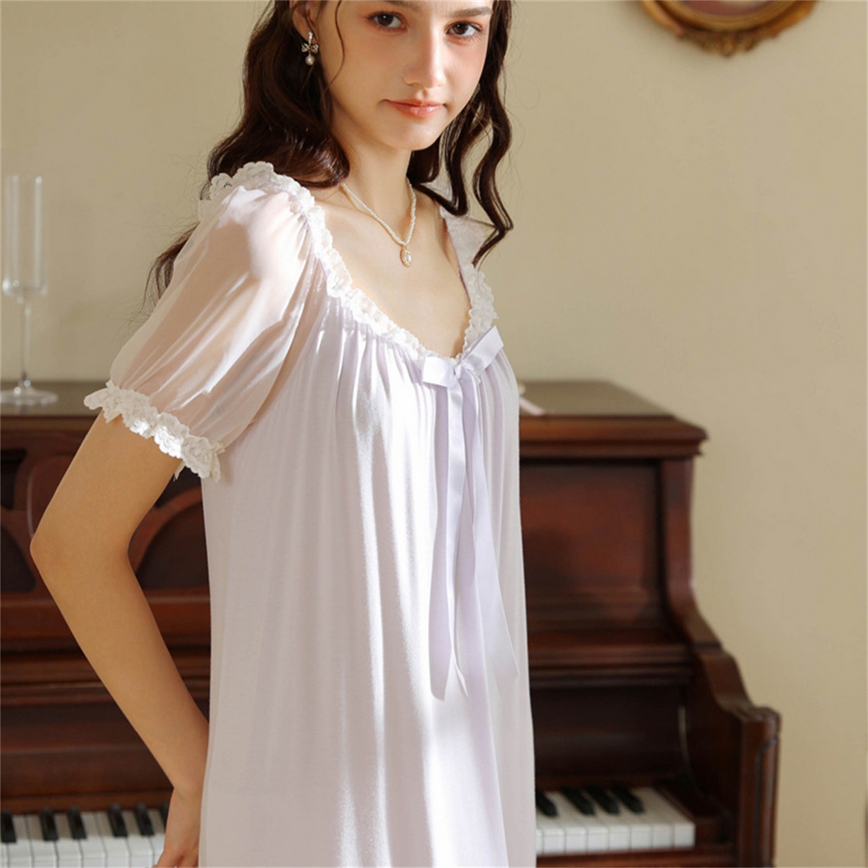 91家纺网 家纺一手货源 找家纺 洛兰沙家居馆 2026新款睡裙少女短袖法式复古公主风睡衣裙夏天新款长款柔美蕾丝宽松长裙 花色1