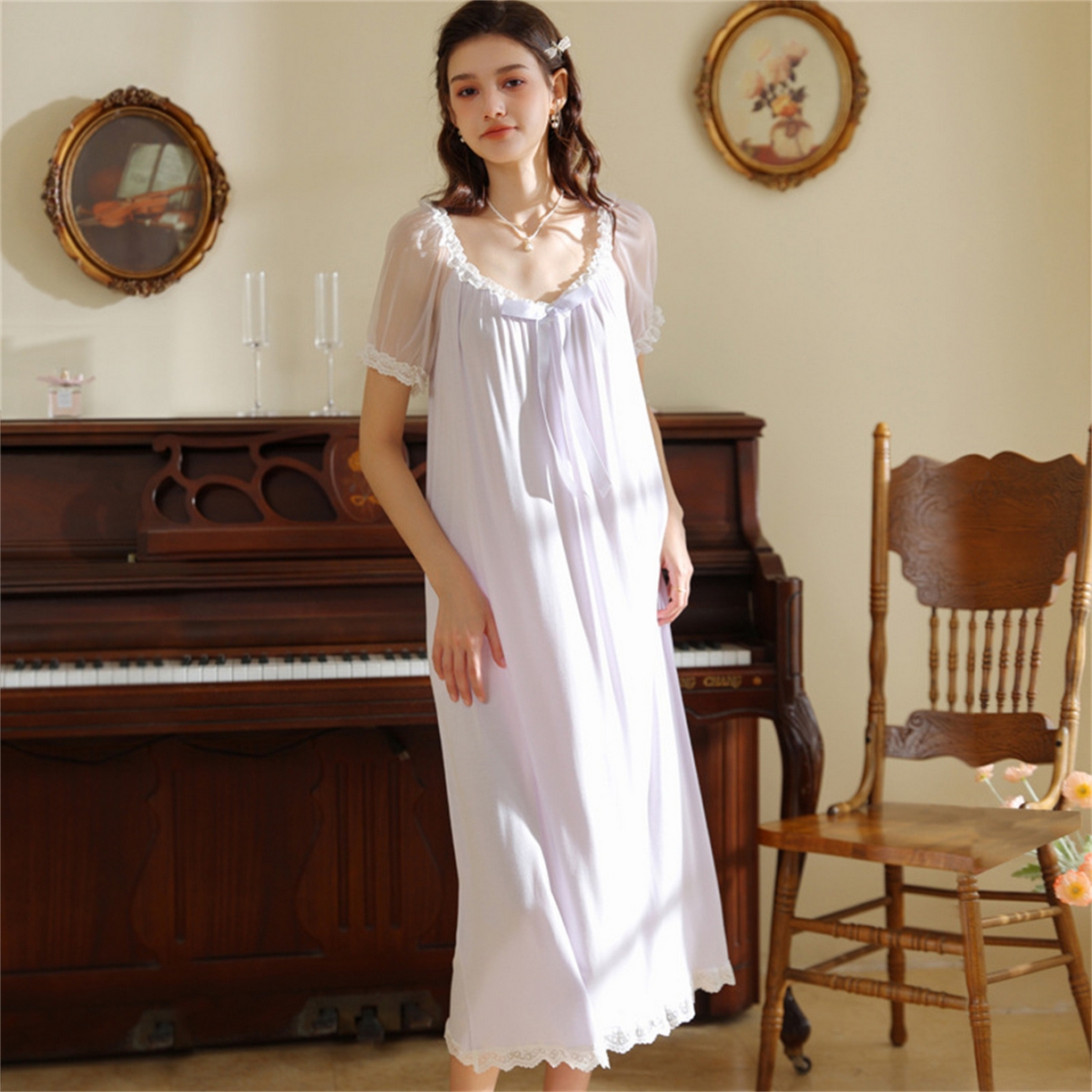 91家纺网 家纺一手货源 找家纺 洛兰沙家居馆 2026新款睡裙少女短袖法式复古公主风睡衣裙夏天新款长款柔美蕾丝宽松长裙 花色1