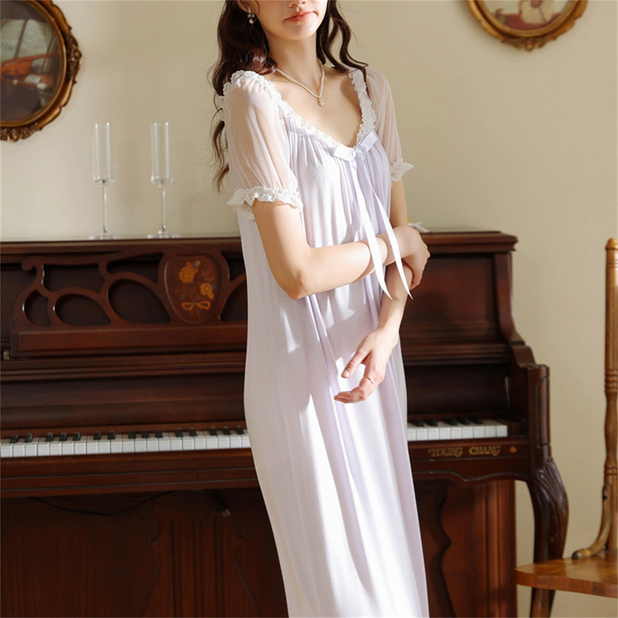 91家纺网 家纺一手货源 找家纺 洛兰沙家居馆 2026新款睡裙少女短袖法式复古公主风睡衣裙夏天新款长款柔美蕾丝宽松长裙 花色1