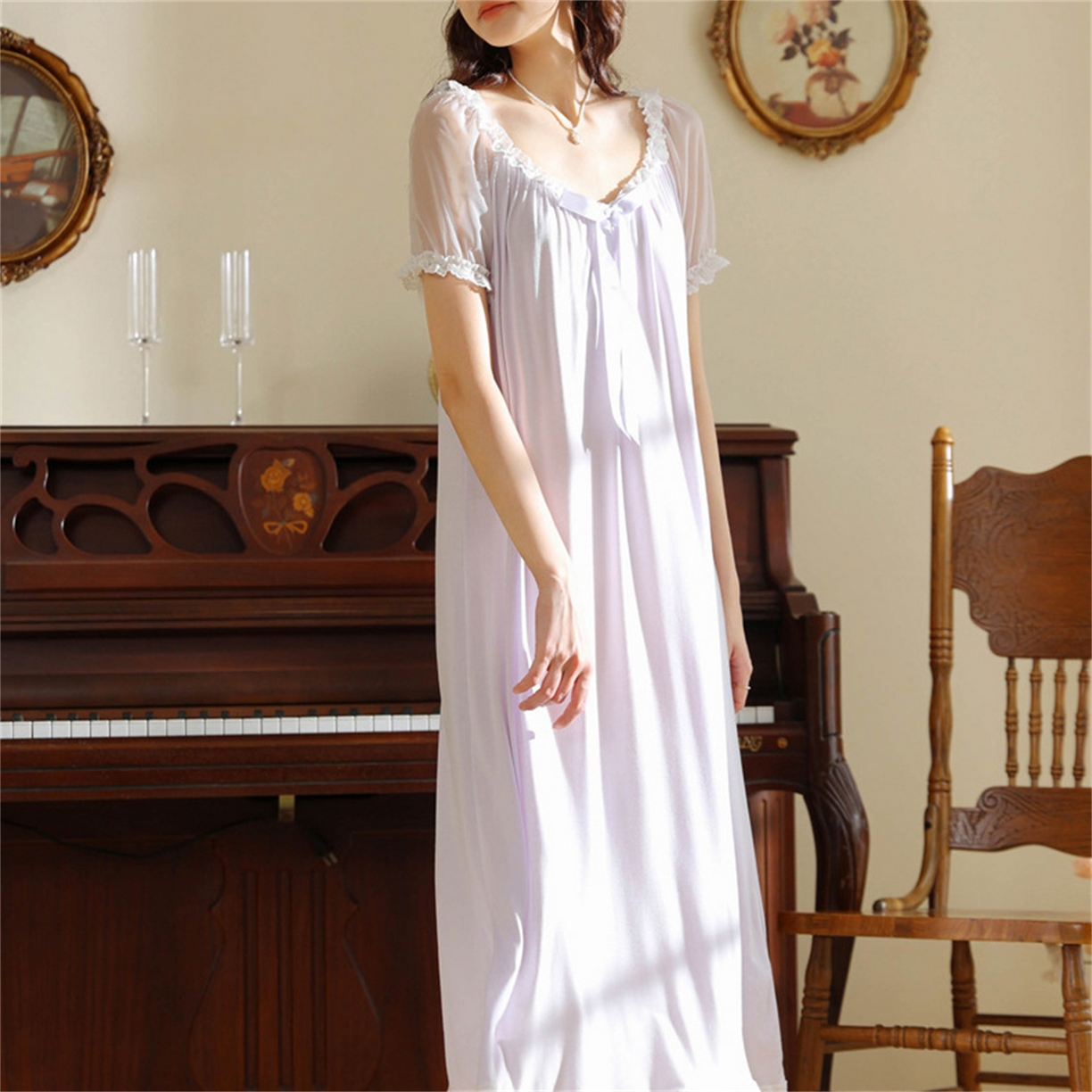 91家纺网 家纺一手货源 找家纺 洛兰沙家居馆 2026新款睡裙少女短袖法式复古公主风睡衣裙夏天新款长款柔美蕾丝宽松长裙 花色1