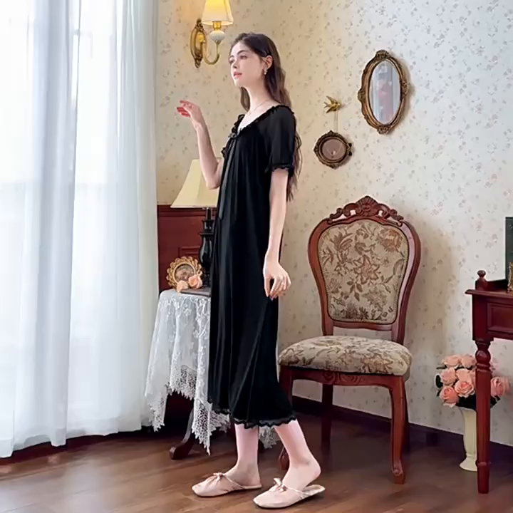 91家纺网 家纺一手货源 找家纺 （总）洛兰沙家居馆 2026新款睡裙少女短袖法式复古公主风睡衣裙夏天新款长款柔美蕾丝宽松长裙