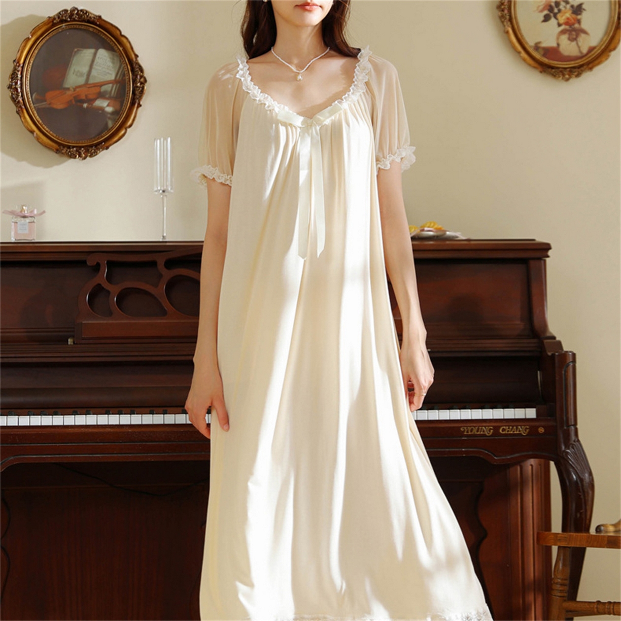 洛兰沙家居馆 2026新款睡裙少女短袖法式复古公主风睡衣裙夏天新款长款柔美蕾丝宽松长裙 花色2