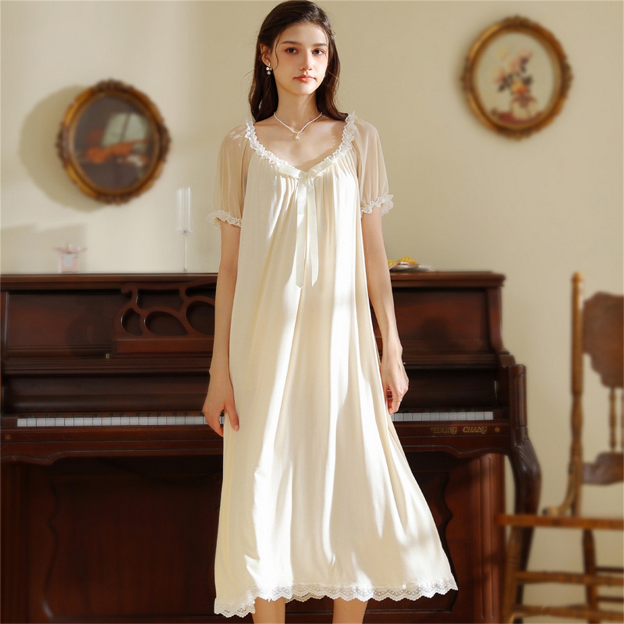 91家纺网 家纺一手货源 找家纺 洛兰沙家居馆 2026新款睡裙少女短袖法式复古公主风睡衣裙夏天新款长款柔美蕾丝宽松长裙 花色2