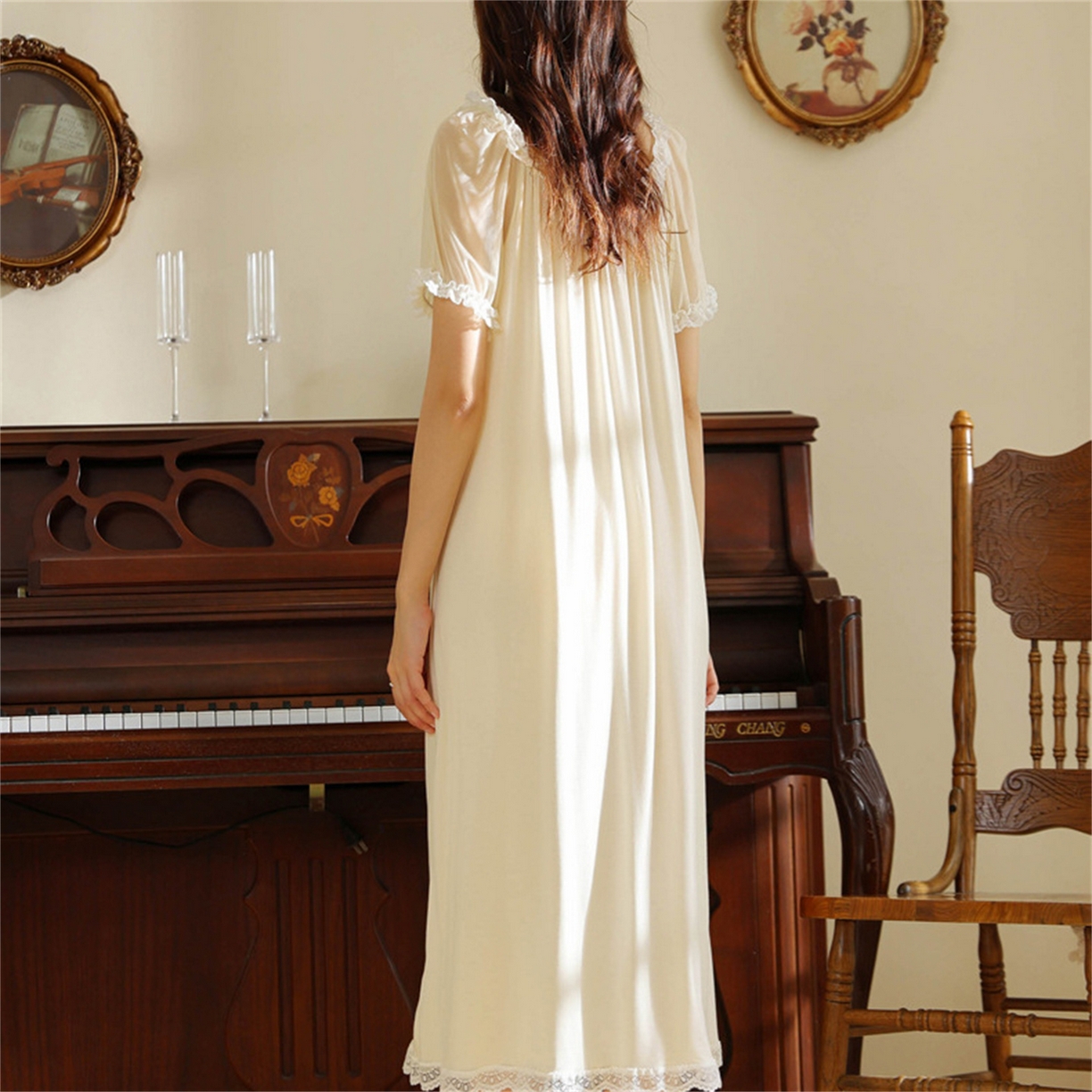 91家纺网 家纺一手货源 找家纺 洛兰沙家居馆 2026新款睡裙少女短袖法式复古公主风睡衣裙夏天新款长款柔美蕾丝宽松长裙 花色2