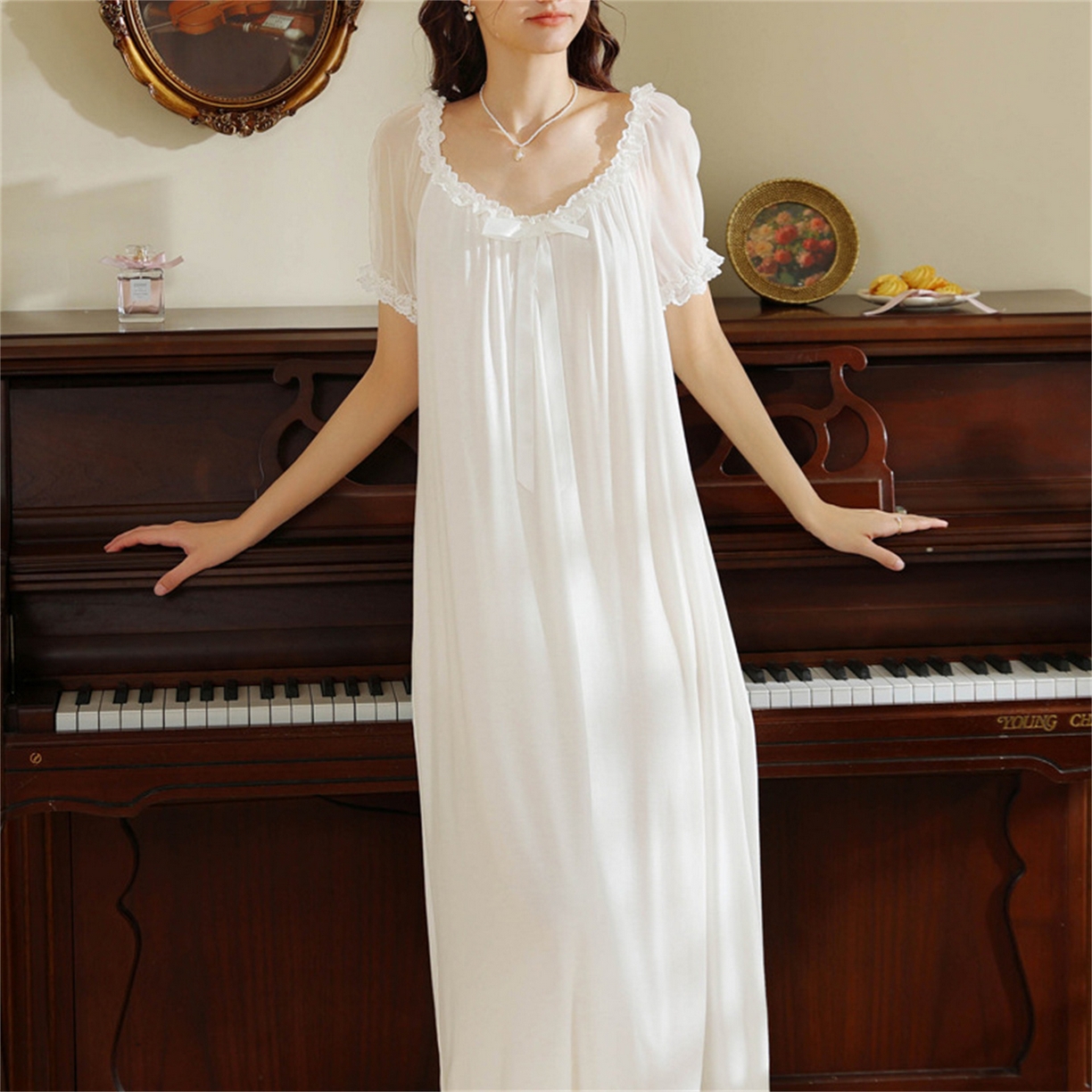 91家纺网 家纺一手货源 找家纺 洛兰沙家居馆 2026新款睡裙少女短袖法式复古公主风睡衣裙夏天新款长款柔美蕾丝宽松长裙 花色3