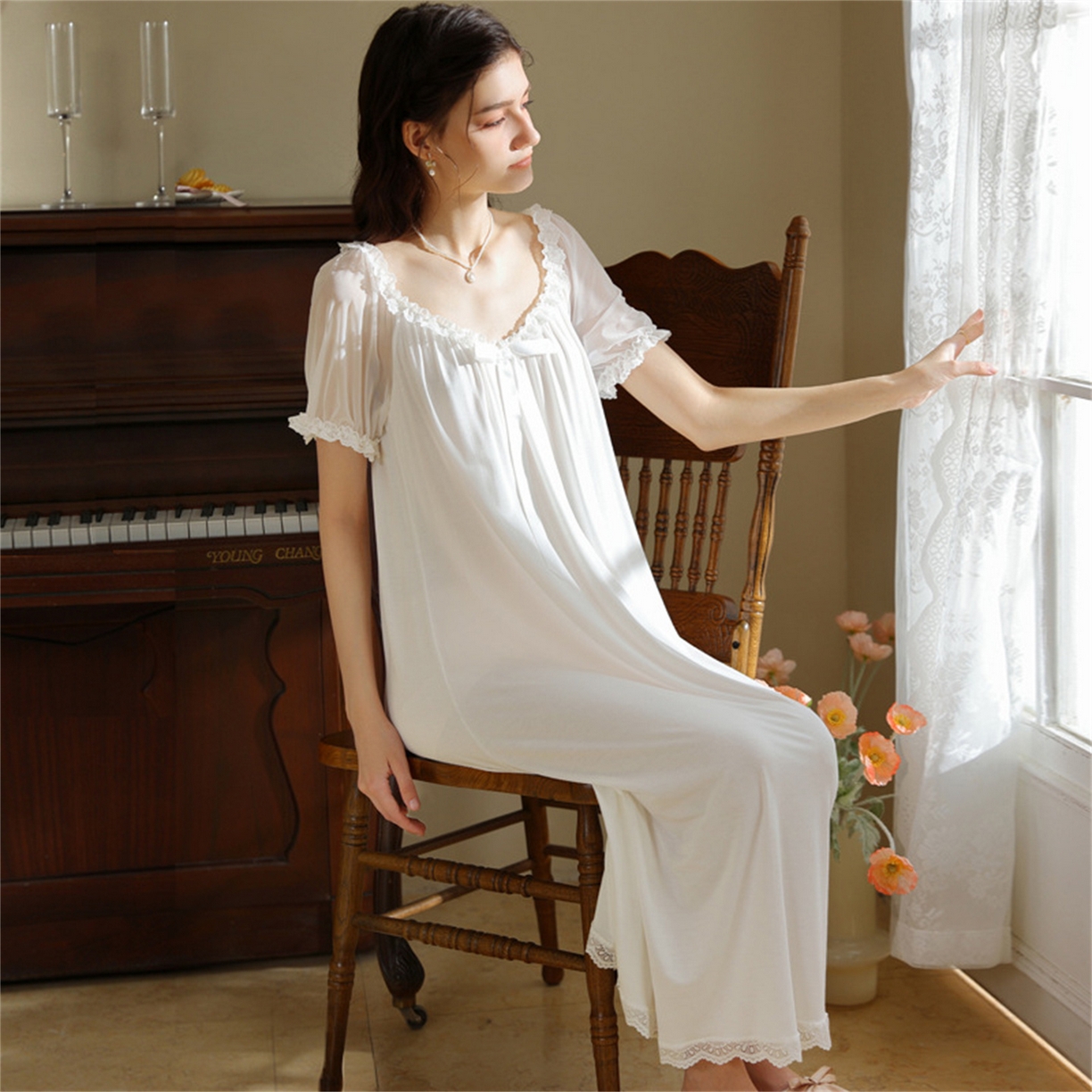 91家纺网 家纺一手货源 找家纺 洛兰沙家居馆 2026新款睡裙少女短袖法式复古公主风睡衣裙夏天新款长款柔美蕾丝宽松长裙 花色3