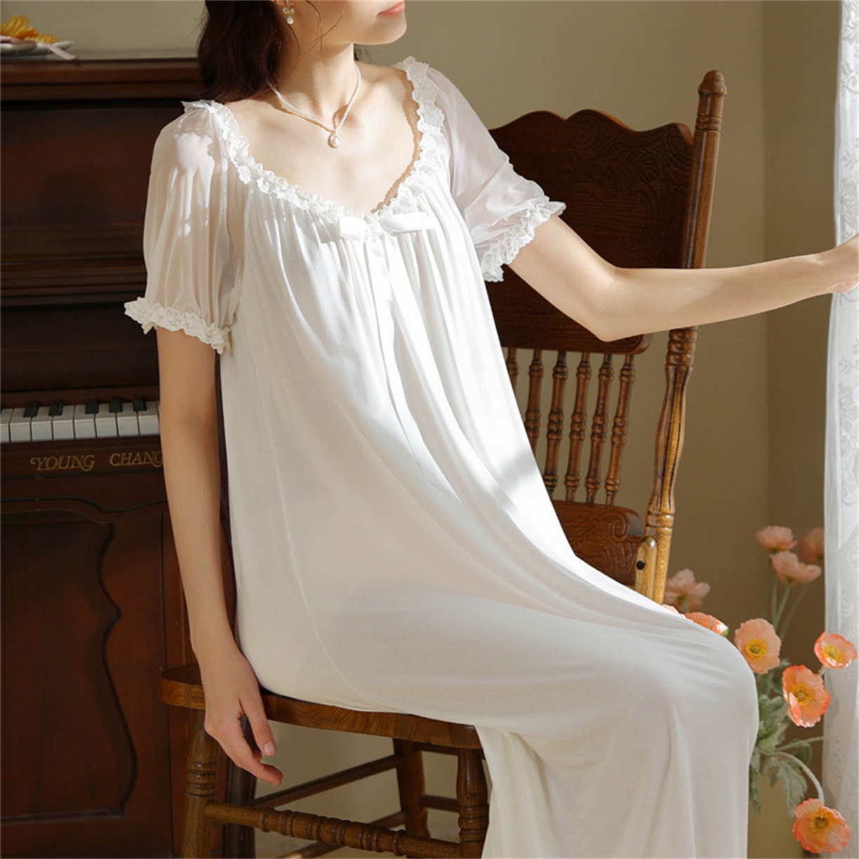 91家纺网 家纺一手货源 找家纺 洛兰沙家居馆 2026新款睡裙少女短袖法式复古公主风睡衣裙夏天新款长款柔美蕾丝宽松长裙 花色3