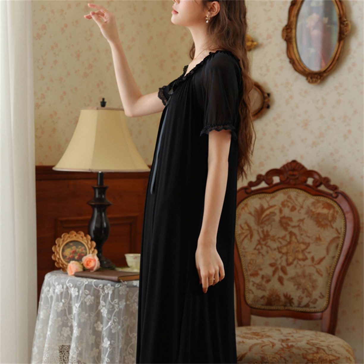 91家纺网 家纺一手货源 找家纺 洛兰沙家居馆 2026新款睡裙少女短袖法式复古公主风睡衣裙夏天新款长款柔美蕾丝宽松长裙 花色4