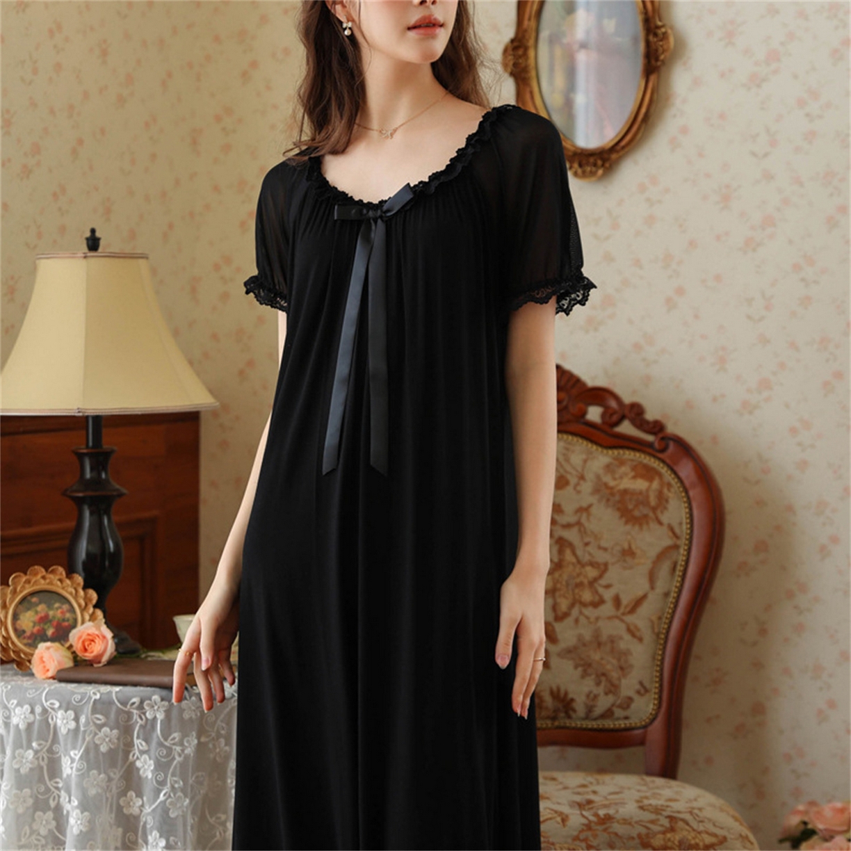 洛兰沙家居馆 2026新款睡裙少女短袖法式复古公主风睡衣裙夏天新款长款柔美蕾丝宽松长裙 花色4