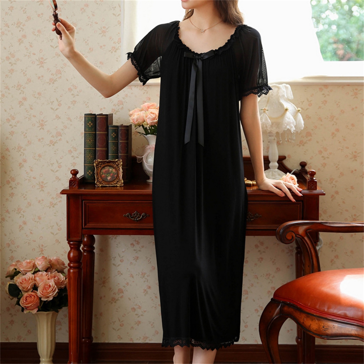 91家纺网 家纺一手货源 找家纺 洛兰沙家居馆 2026新款睡裙少女短袖法式复古公主风睡衣裙夏天新款长款柔美蕾丝宽松长裙 花色4