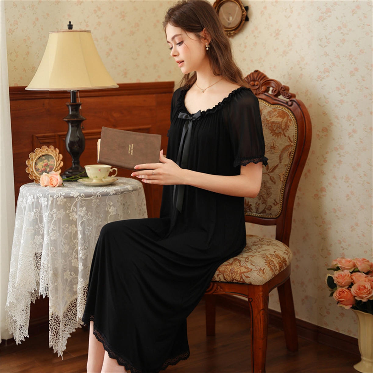 91家纺网 家纺一手货源 找家纺 洛兰沙家居馆 2026新款睡裙少女短袖法式复古公主风睡衣裙夏天新款长款柔美蕾丝宽松长裙 花色4