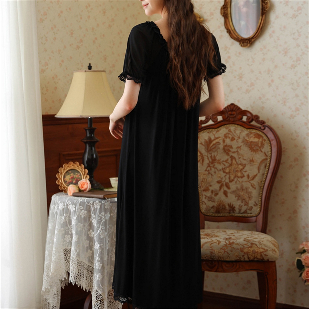 91家纺网 家纺一手货源 找家纺 洛兰沙家居馆 2026新款睡裙少女短袖法式复古公主风睡衣裙夏天新款长款柔美蕾丝宽松长裙 花色4