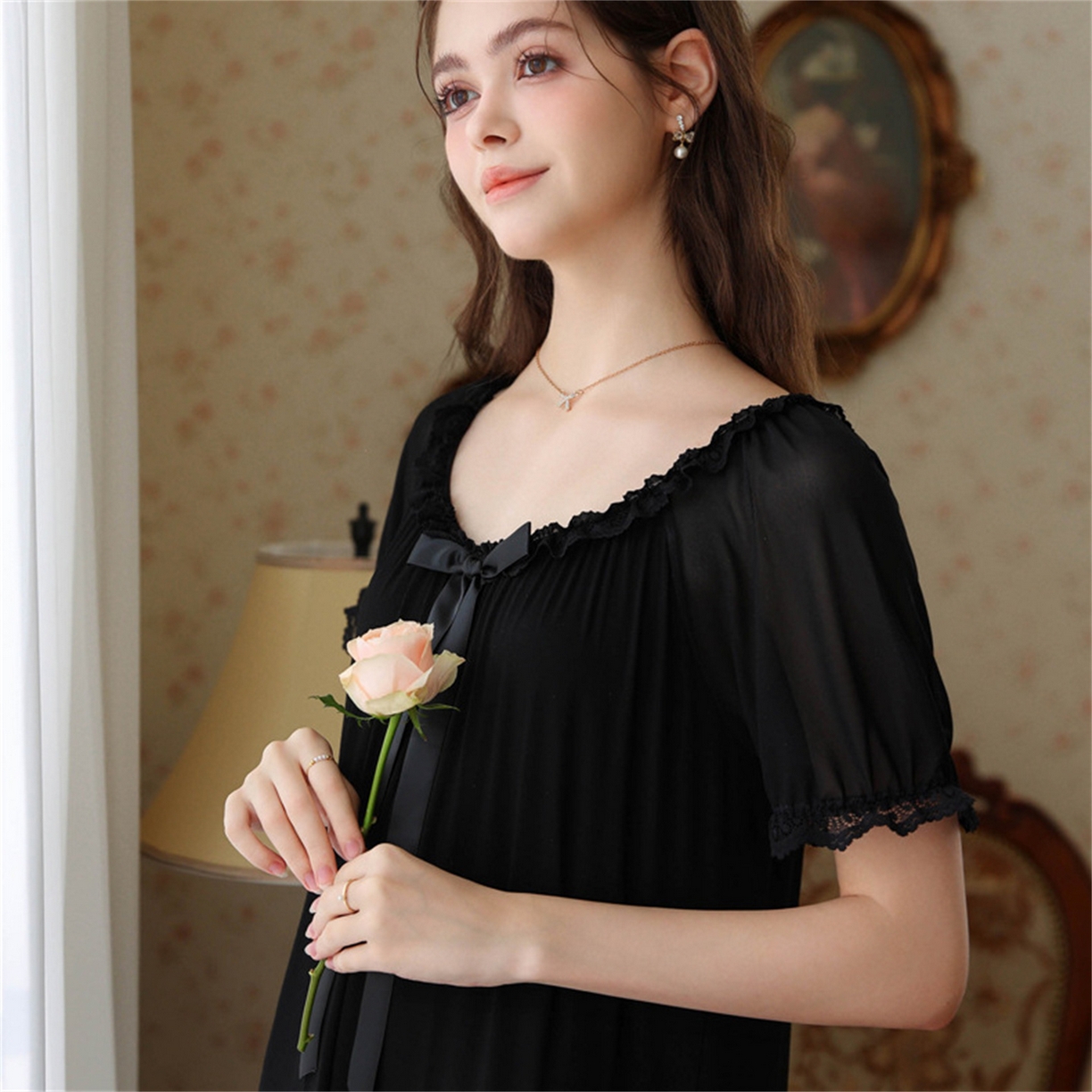 91家纺网 家纺一手货源 找家纺 洛兰沙家居馆 2026新款睡裙少女短袖法式复古公主风睡衣裙夏天新款长款柔美蕾丝宽松长裙 花色4