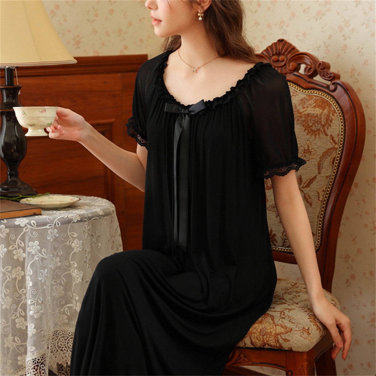 91家纺网 家纺一手货源 找家纺 洛兰沙家居馆 2026新款睡裙少女短袖法式复古公主风睡衣裙夏天新款长款柔美蕾丝宽松长裙 花色4