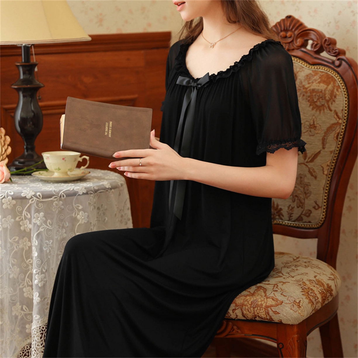 91家纺网 家纺一手货源 找家纺 洛兰沙家居馆 2026新款睡裙少女短袖法式复古公主风睡衣裙夏天新款长款柔美蕾丝宽松长裙 花色4