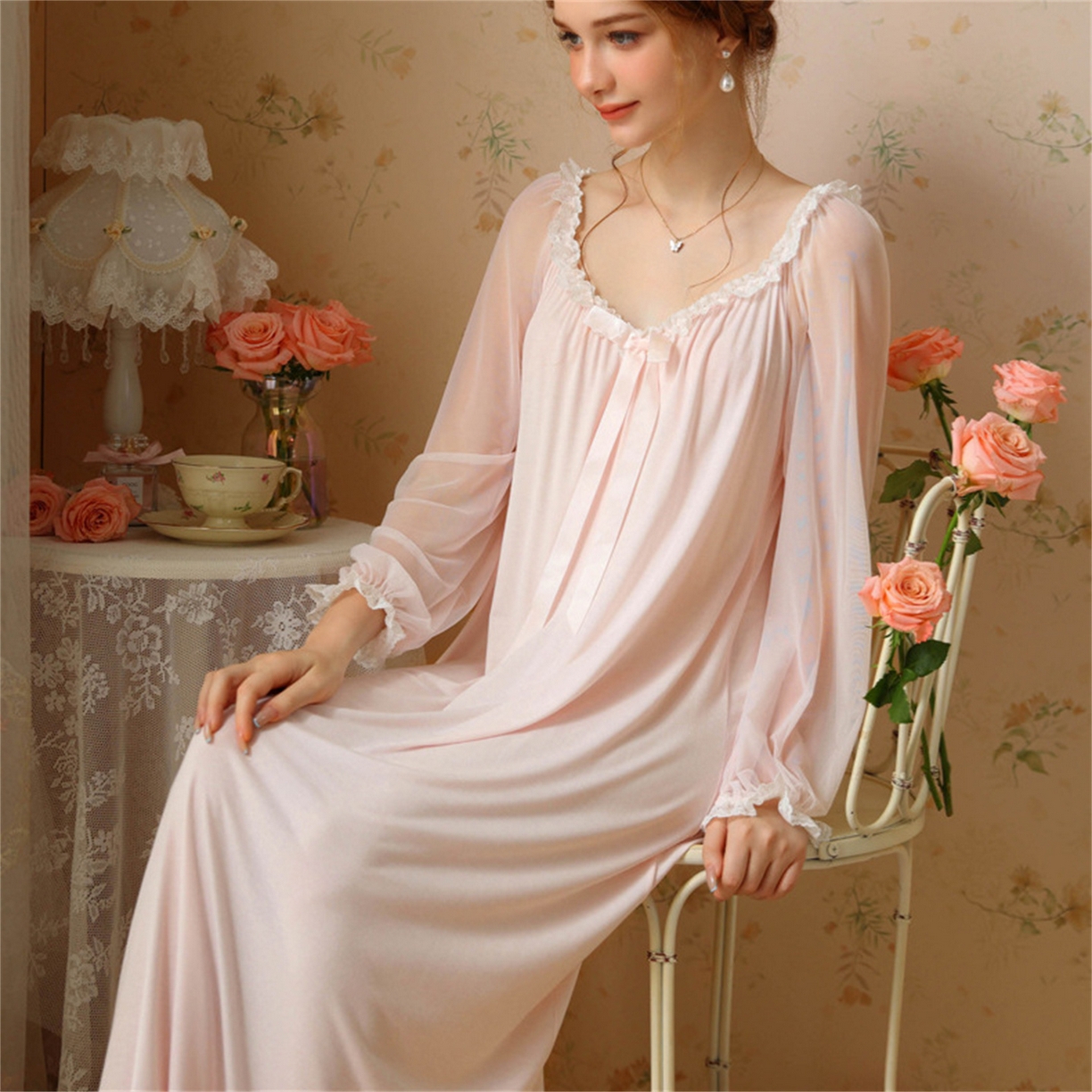 91家纺网 家纺一手货源 找家纺 （总）洛兰沙家居馆 2026新款宫廷公主风睡裙春秋长袖法式蕾丝家居高级感性感睡衣甜美少女长裙