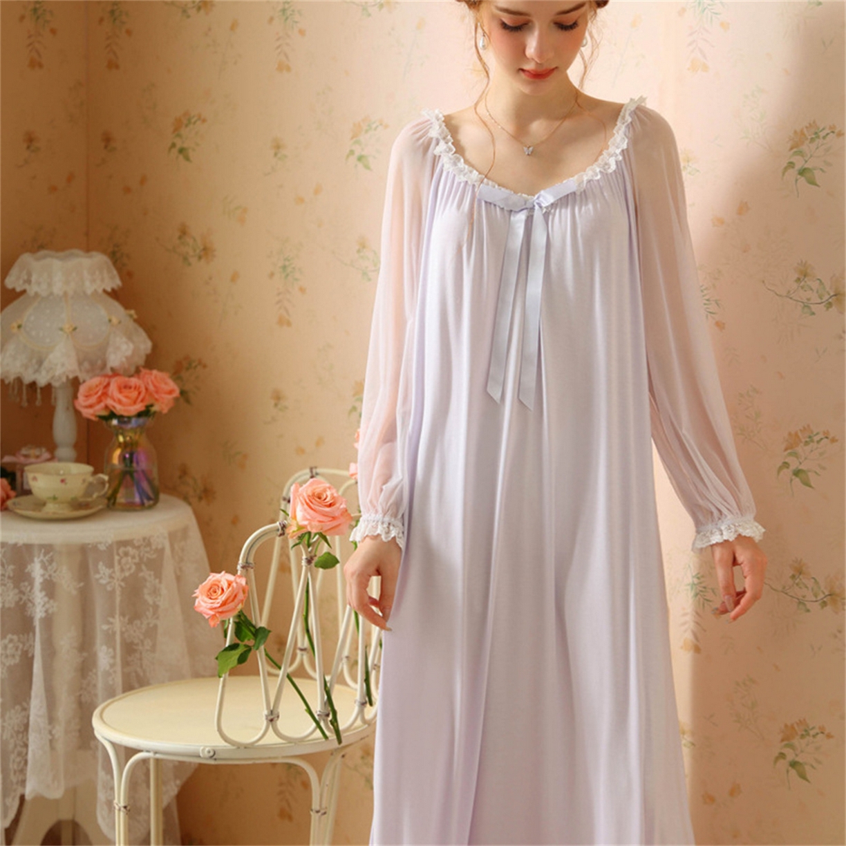 91家纺网 家纺一手货源 找家纺 （总）洛兰沙家居馆 2026新款宫廷公主风睡裙春秋长袖法式蕾丝家居高级感性感睡衣甜美少女长裙