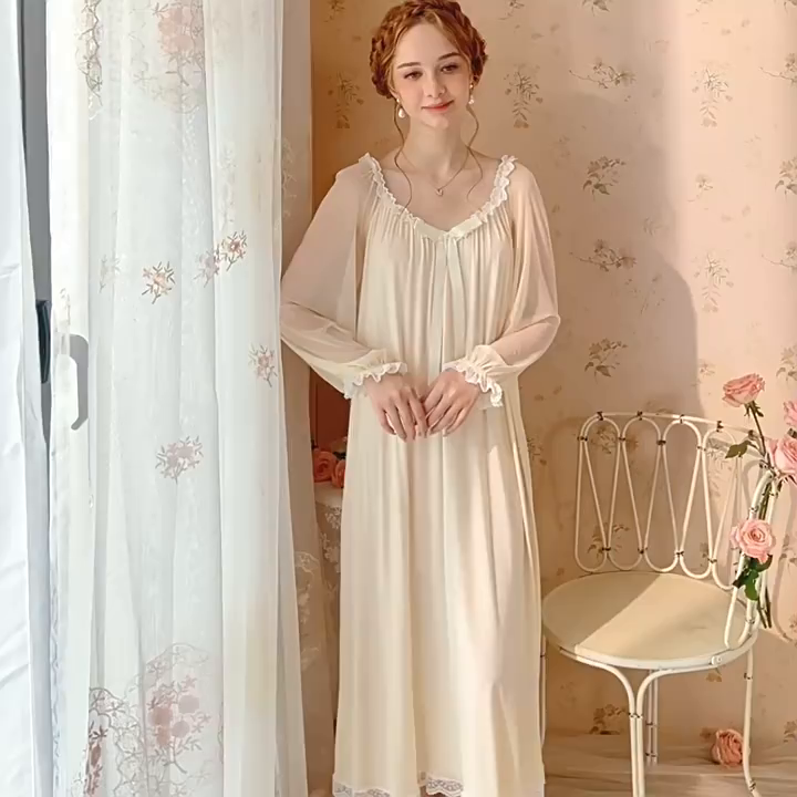 91家纺网 家纺一手货源 找家纺 （总）洛兰沙家居馆 2026新款宫廷公主风睡裙春秋长袖法式蕾丝家居高级感性感睡衣甜美少女长裙